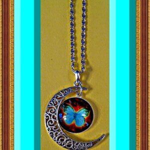Silver Tone Blue Butterfly / Moon Design Necklace For Teen Gift